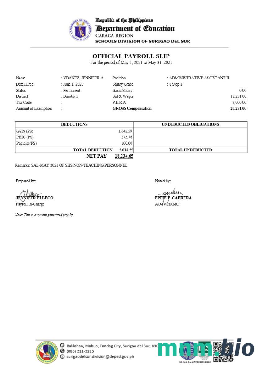 Philippines Schools Division of Surigao Del Sur payroll slip template in Word and PDF formats
